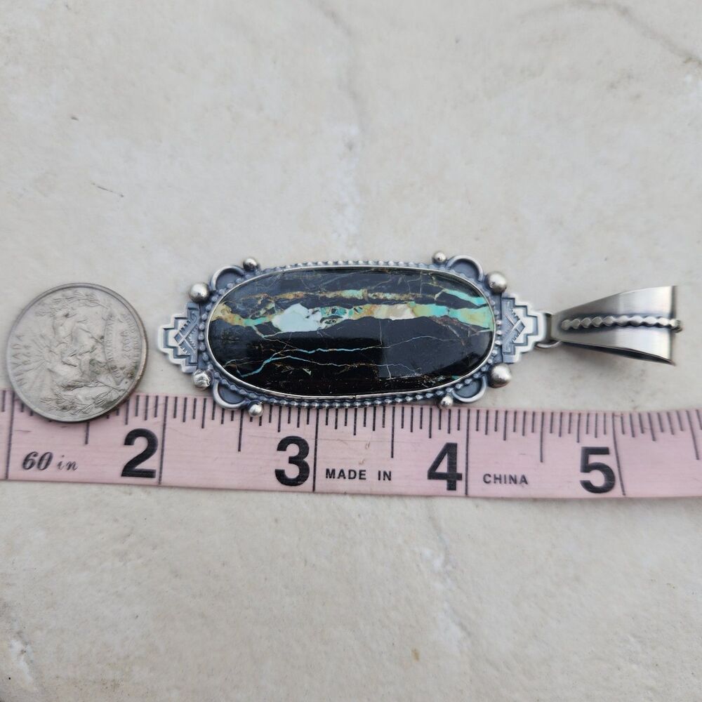 Blackjack Turquoise Navajo Mary Ellen signed handmade USA native pendant - Picture 9 of 9